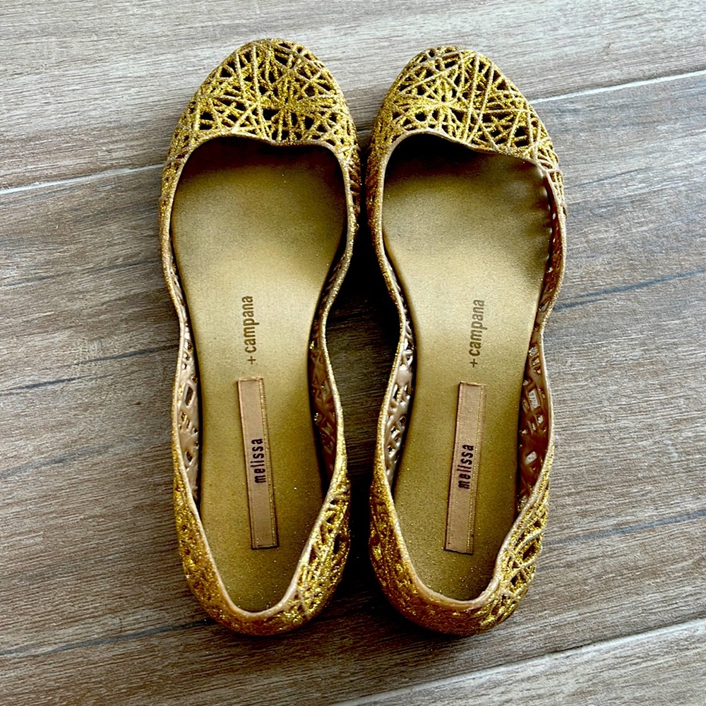 Melissa + Campana Gold Glitter Flats Size 7